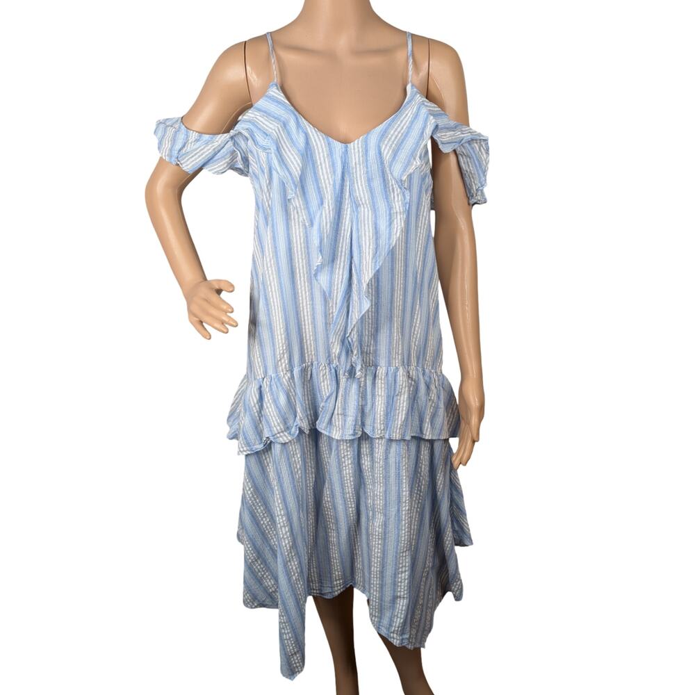 Moon River Anthropologie Blue White Stripe Ruffle Asymmetric Hanky Hem Dress M - Picture 5 of 14